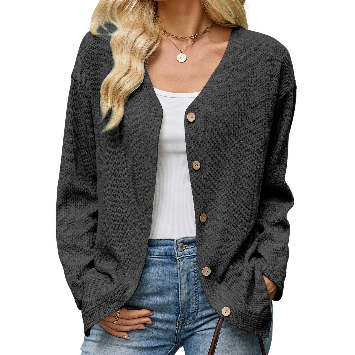Women's Long Sleeve V Neck Button Front Loose Knit Cardigan