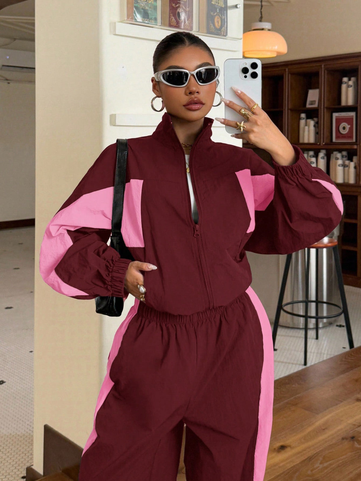 Color Block Half Zip Crop Top Wide Leg Pants Two Piece Set