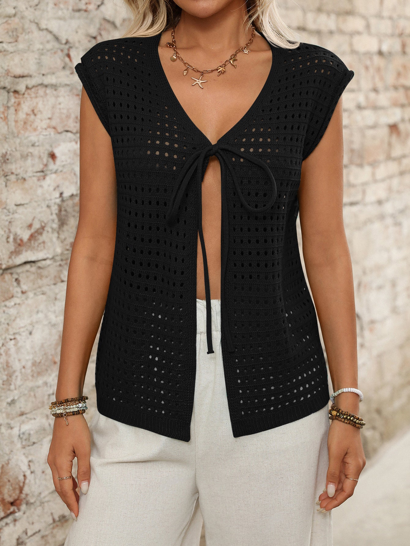Women's Open Front Hollow Knit Cover Up Summer Top
