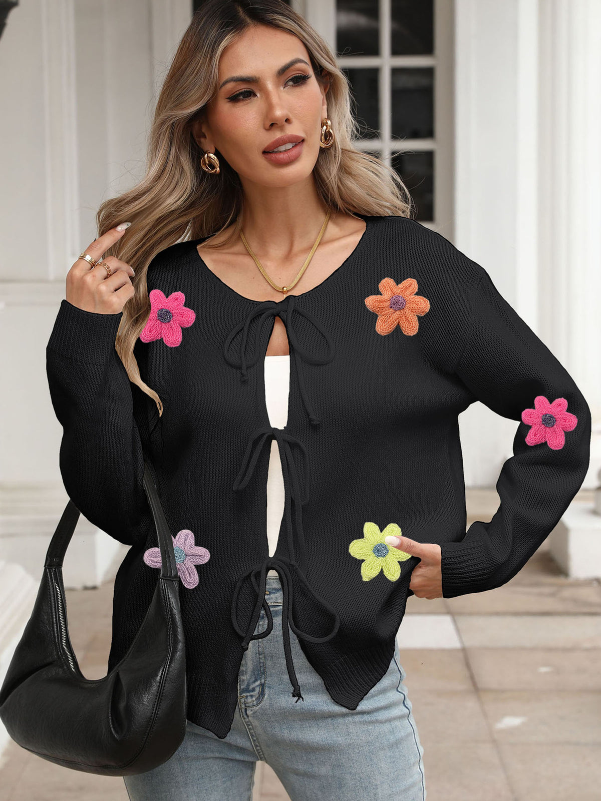 Women's Tie Front Crochet Flower Cardigan
