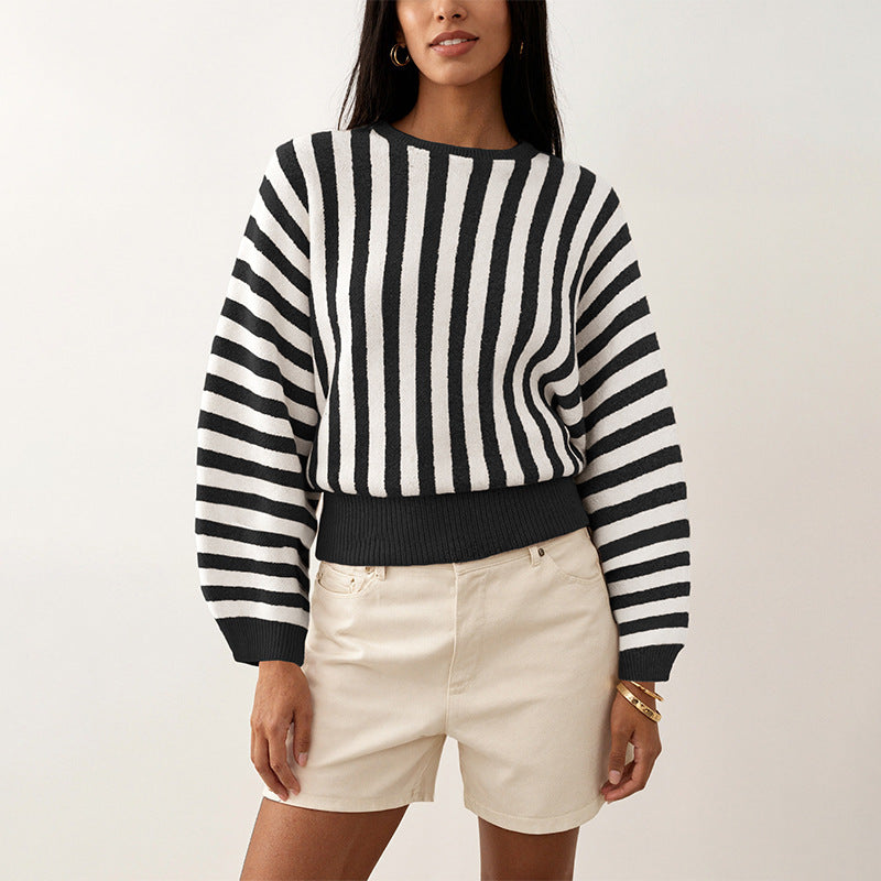Women's Striped Color Block Crew Neck Sweater Top