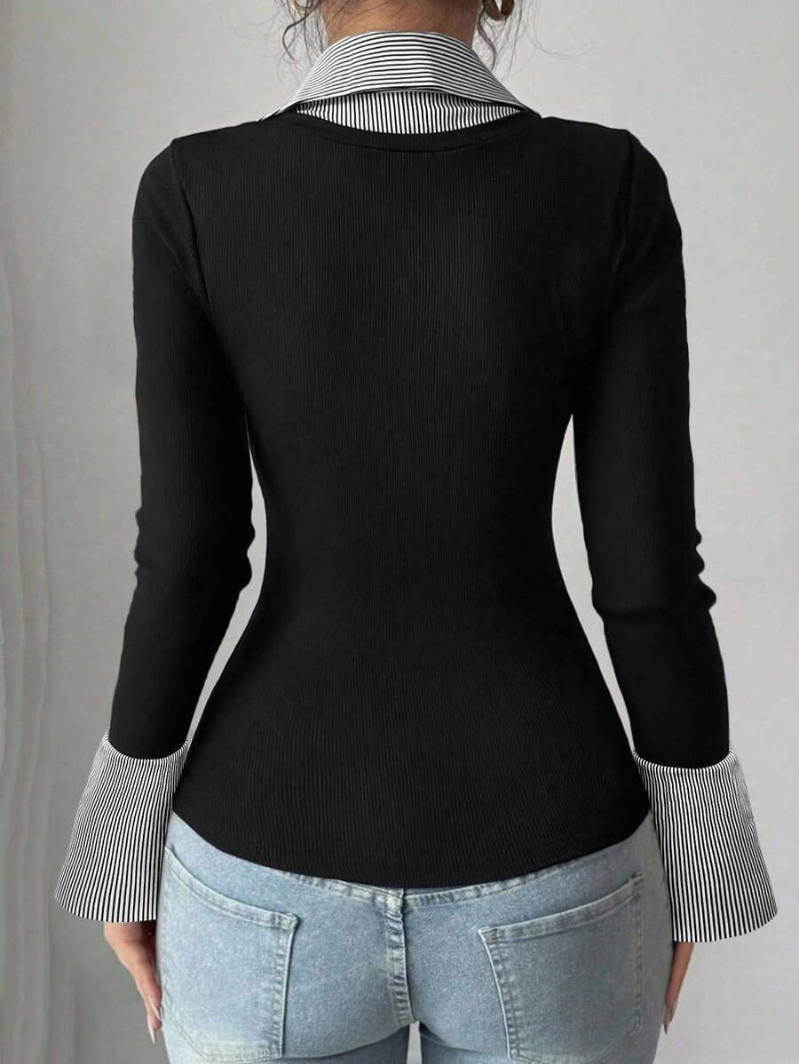 Office V Neck Layered Collared Knit Top Long Sleeve Tee