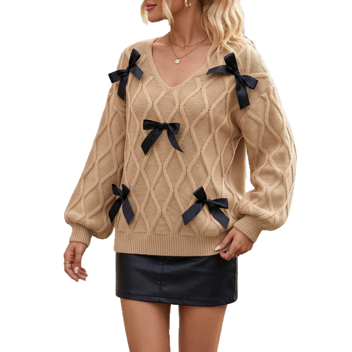 Women's Bow V-Neck Cable Knit Balloon Sleeve Sweater