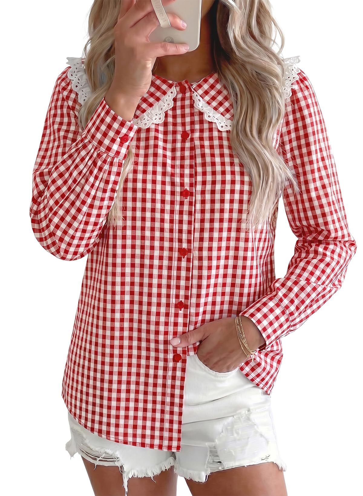 Gingham Lace Peter Pan Collar Long Sleeve Blouse
