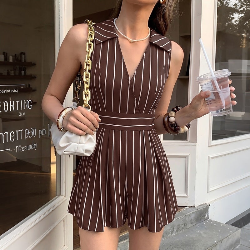 Striped Woven Romper Workwear Sleeveless Collared V Neck