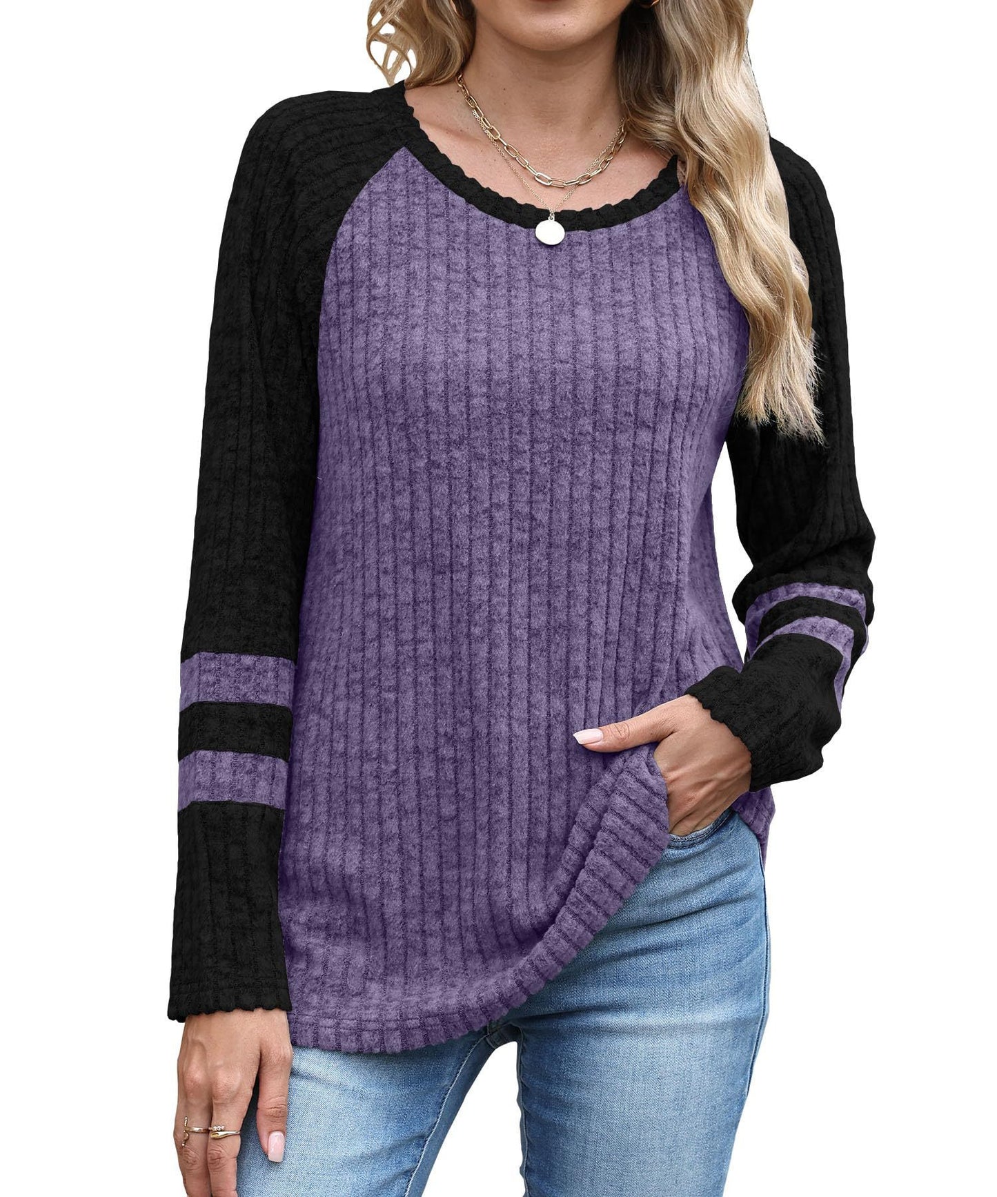 Colorblock Polyester Top Casual Ribbed Raglan Sleeve