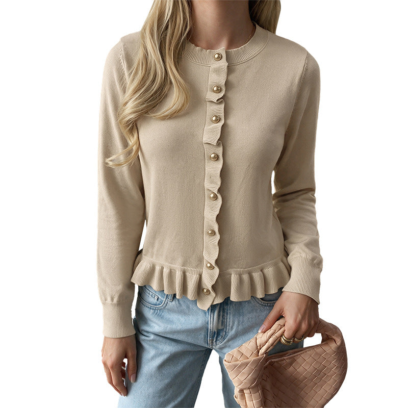 Ruffle Knit Cardigan Button Front Long Sleeve Sweater
