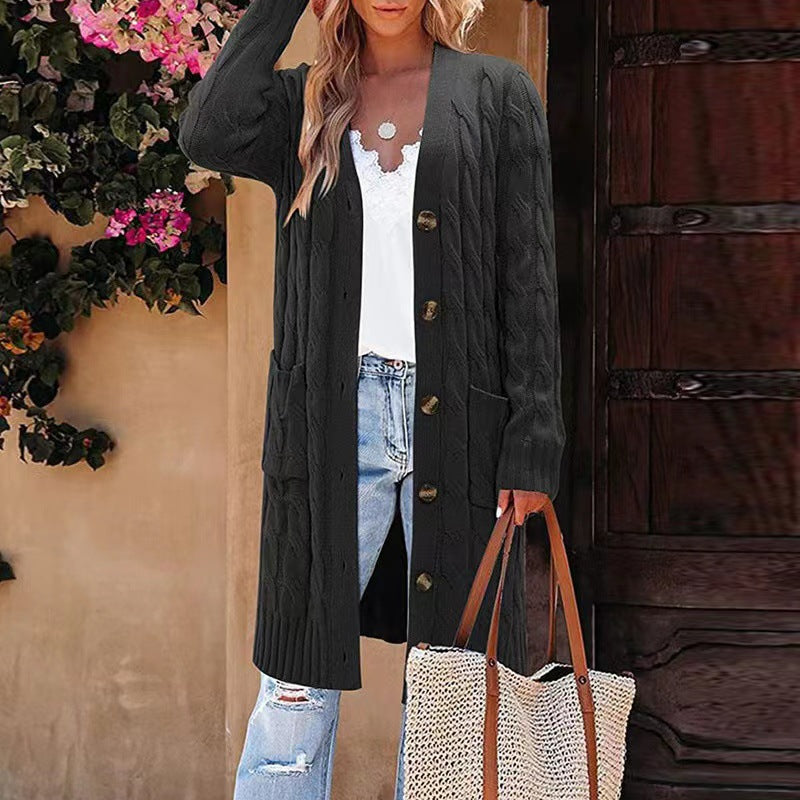Women's Long Cable Knit Cardigan Button Down Pockets