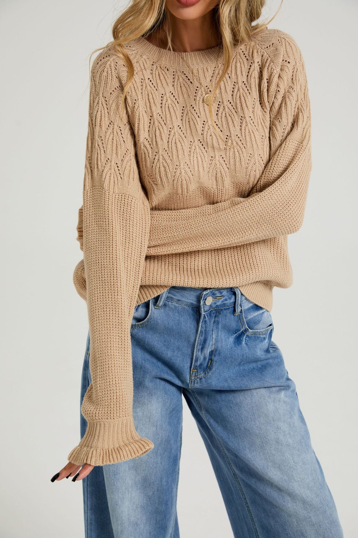 Women's Crew Neck Long Sleeve Cable Knit Pullover Sweater