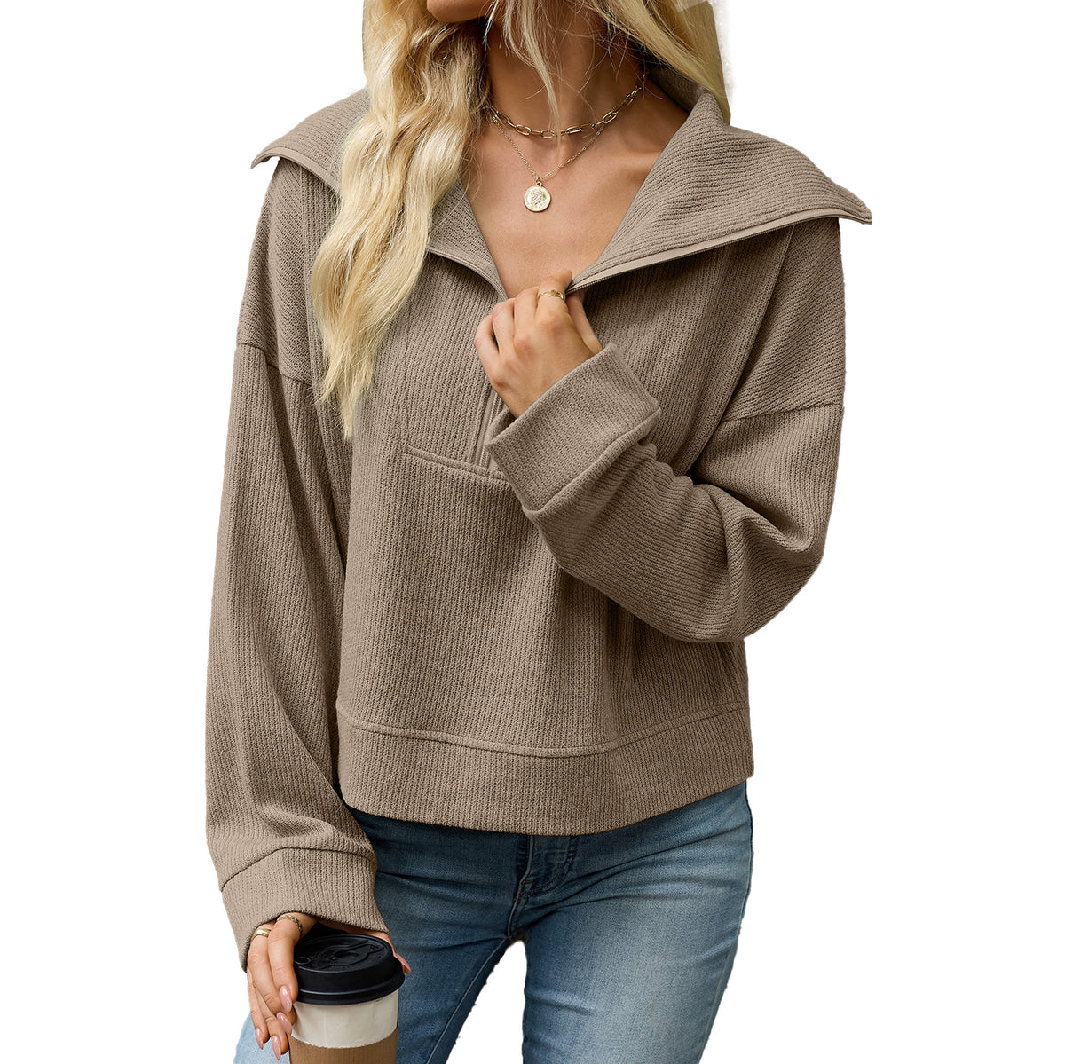 Women's Oversized Half Zip Collared Sweatshirt Pullover
