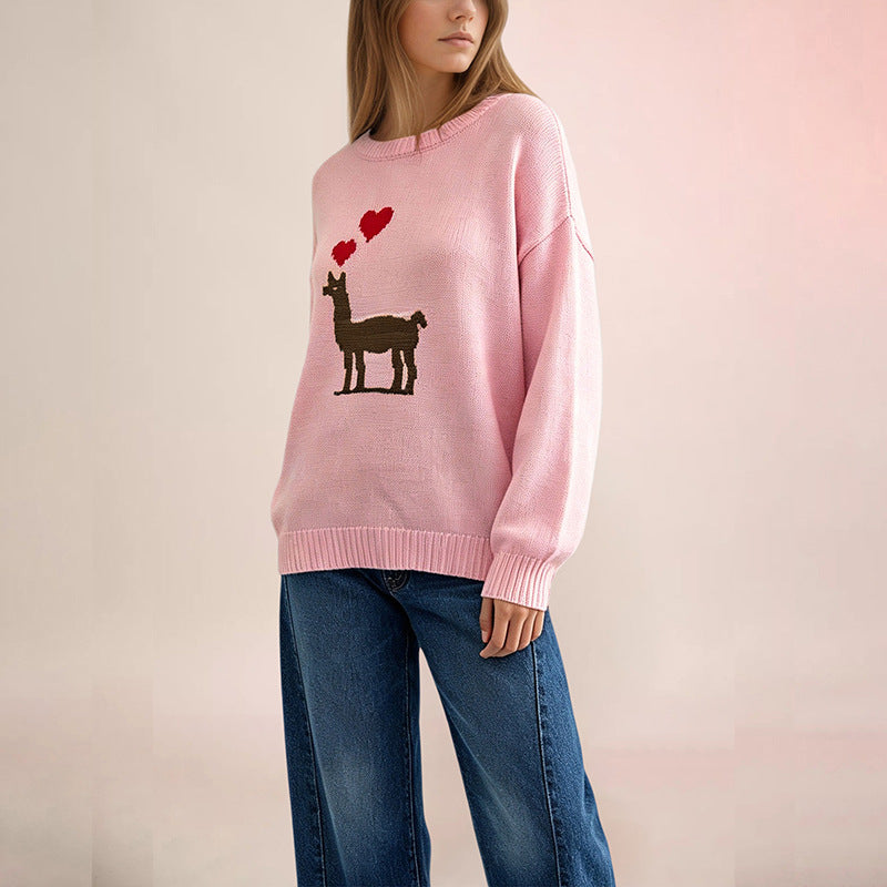 Women's Llama Heart Oversized Crewneck Pullover Sweater
