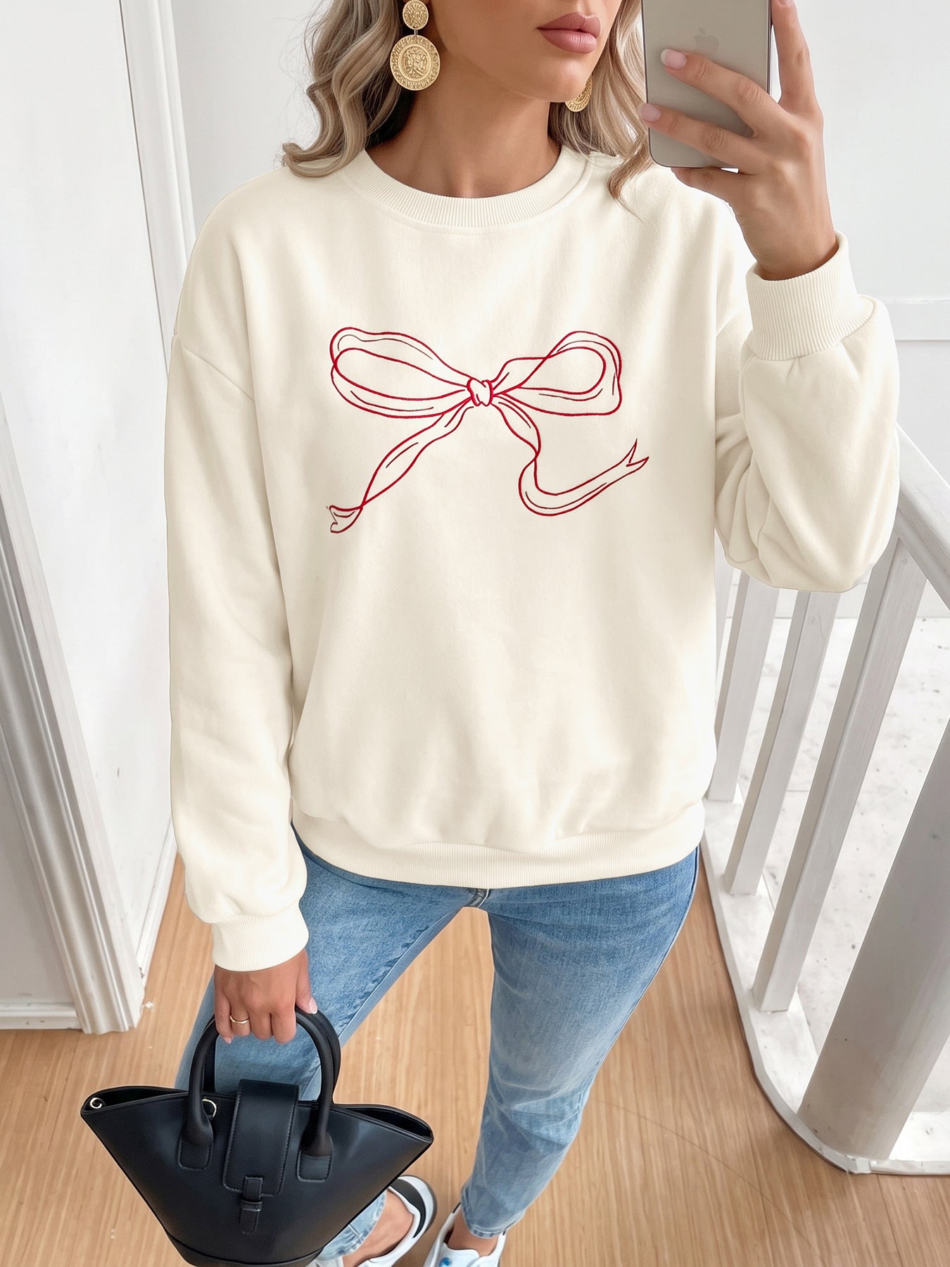 Coquette Bow Crewneck Sweatshirt Women Oversized Pullover