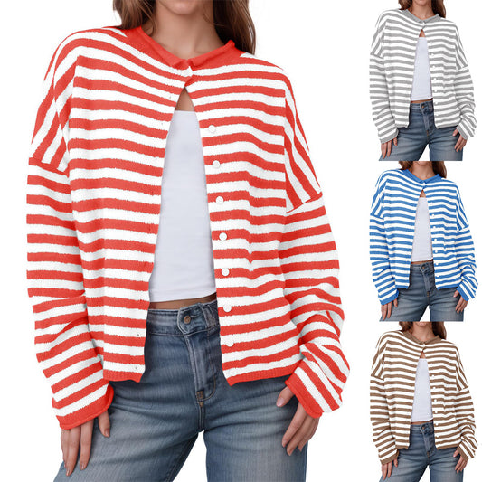 Striped Colorblock Knit Cardigan Long Sleeve Casual Jacket