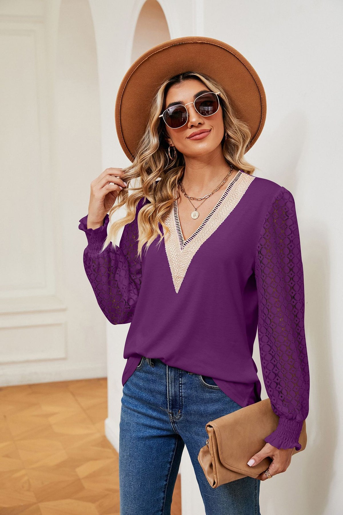 Women's V-Neck Lace Crochet Long Sleeve Tunic Top