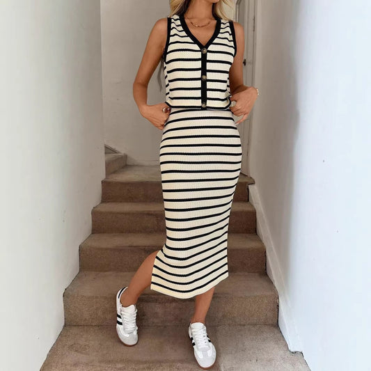 Striped Button Knit Two Piece Midi Skirt Set