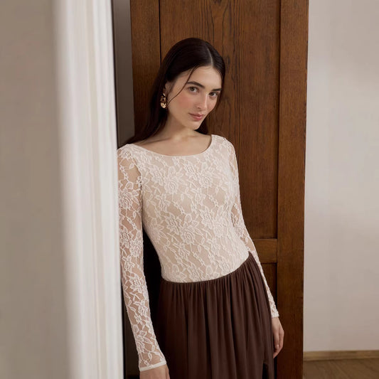 Women Long Sleeve Lace U Neck Slim Fit Top Blouse