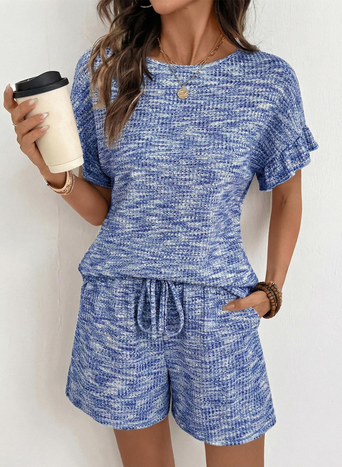 Textured Knit Lounge Set Ruffle Sleeve Drawstring Shorts
