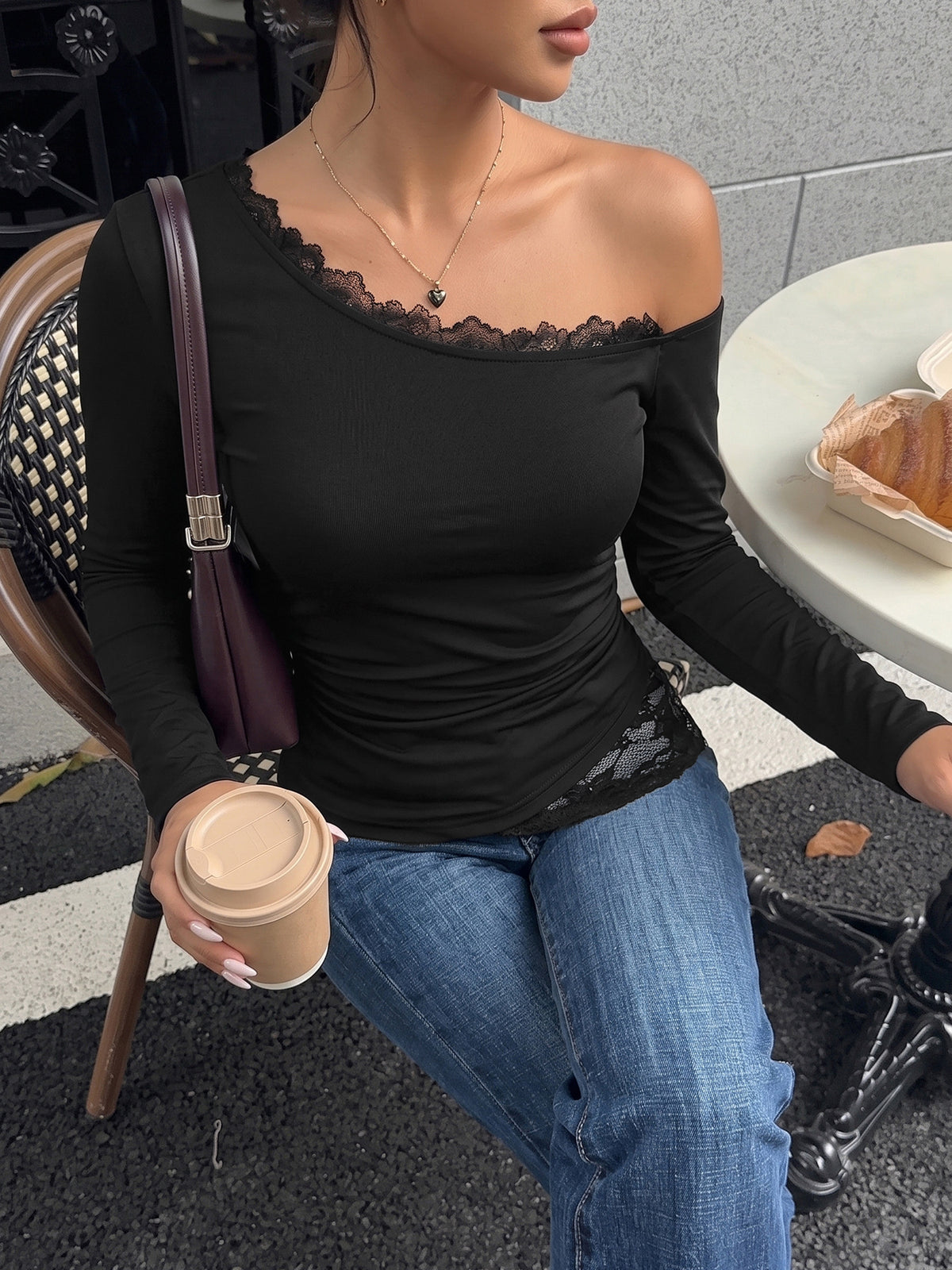 One Shoulder Lace Trim Long Sleeve Fitted Top