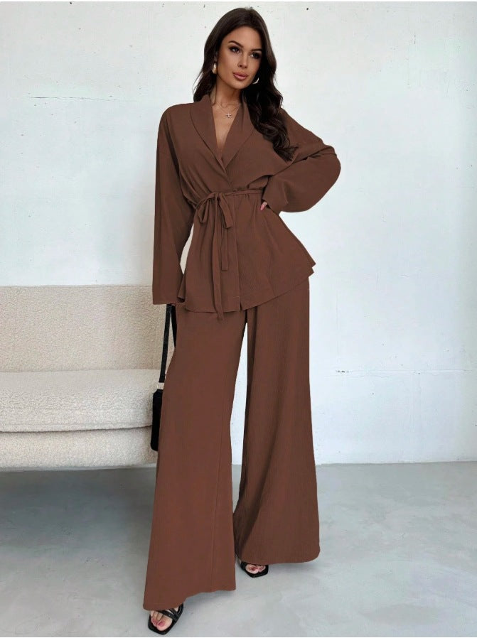 Two Piece Pants Set Wide Leg Belted Blazer Outfit