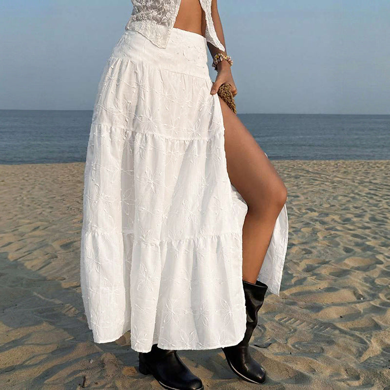 Women High Waist Embroidered Split Maxi Skirt