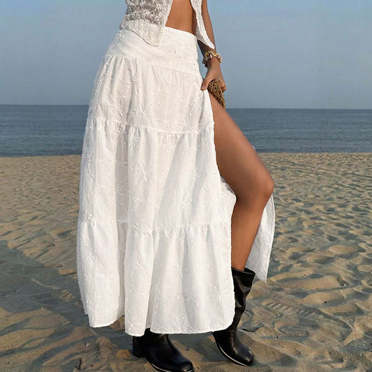Women High Waist Embroidered Split Maxi Skirt
