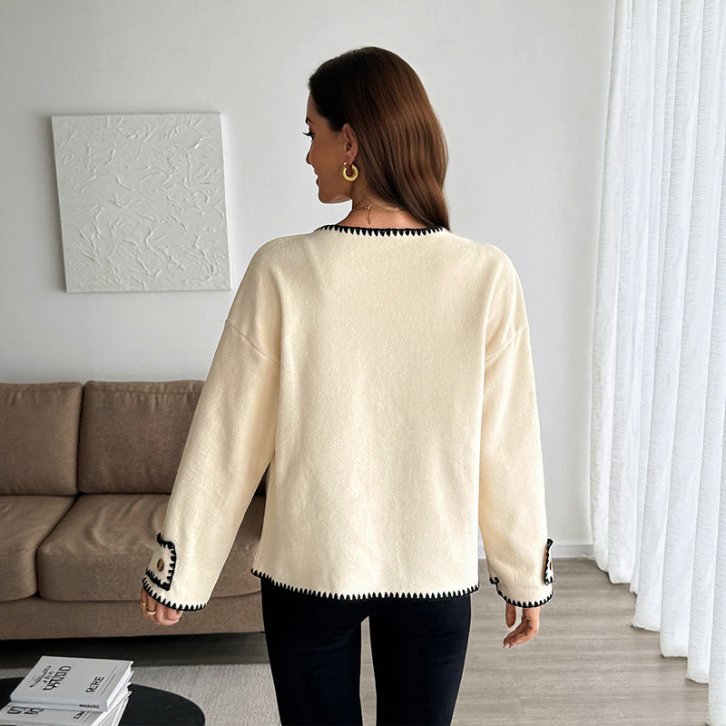 Color Block Trim Fleece Knit Round Neck Cardigan Jacket
