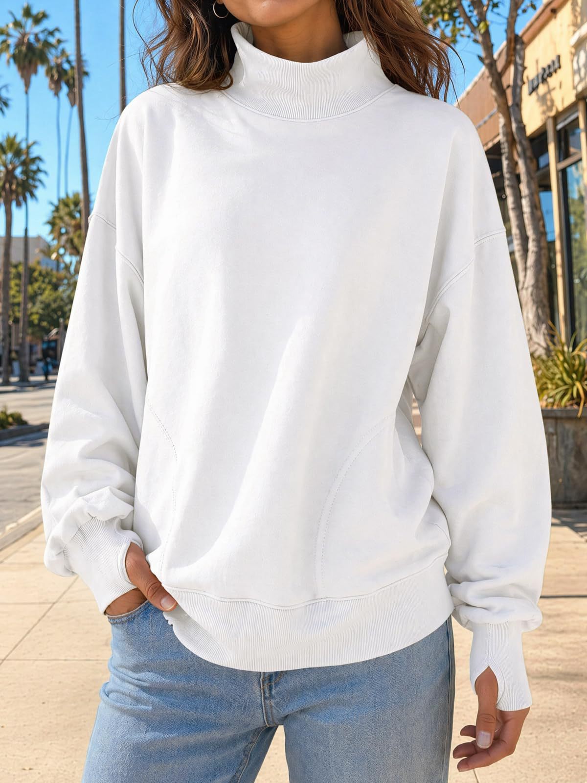 Mock Neck Oversized Womens Sweatshirt Solid Pullover Top