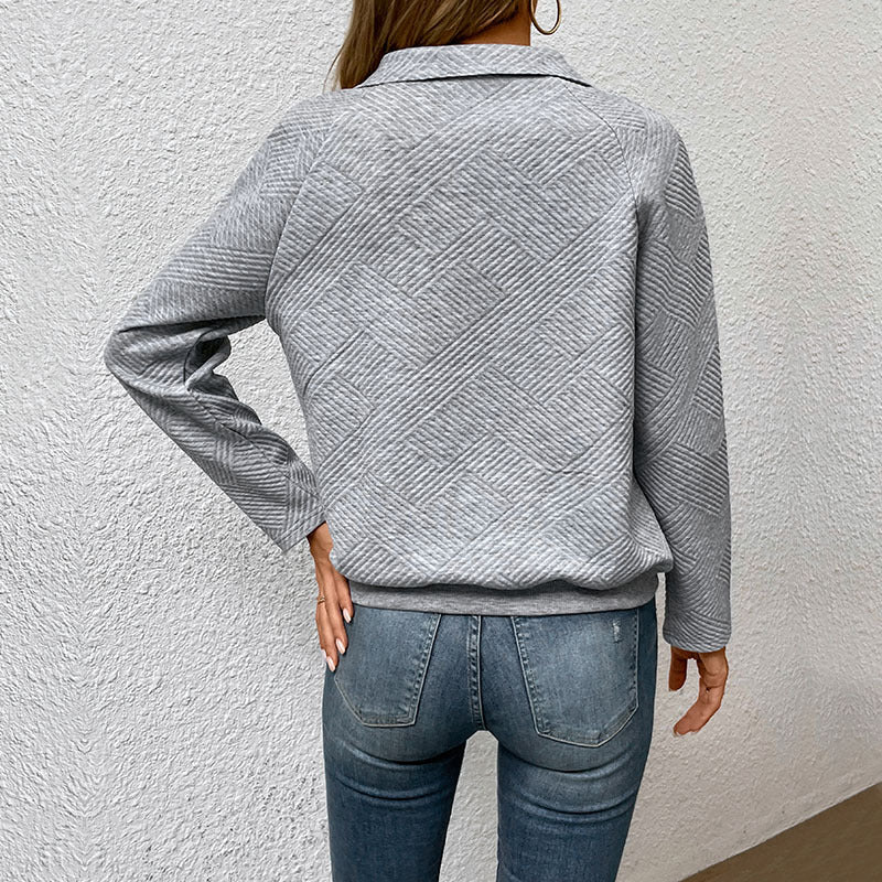 Textured Polyester Sweatshirt Casual Boutique Snap Collar