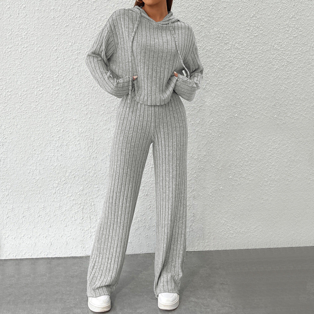 Ribbed Knit Hoodie Wide Leg Pants Lounge Set