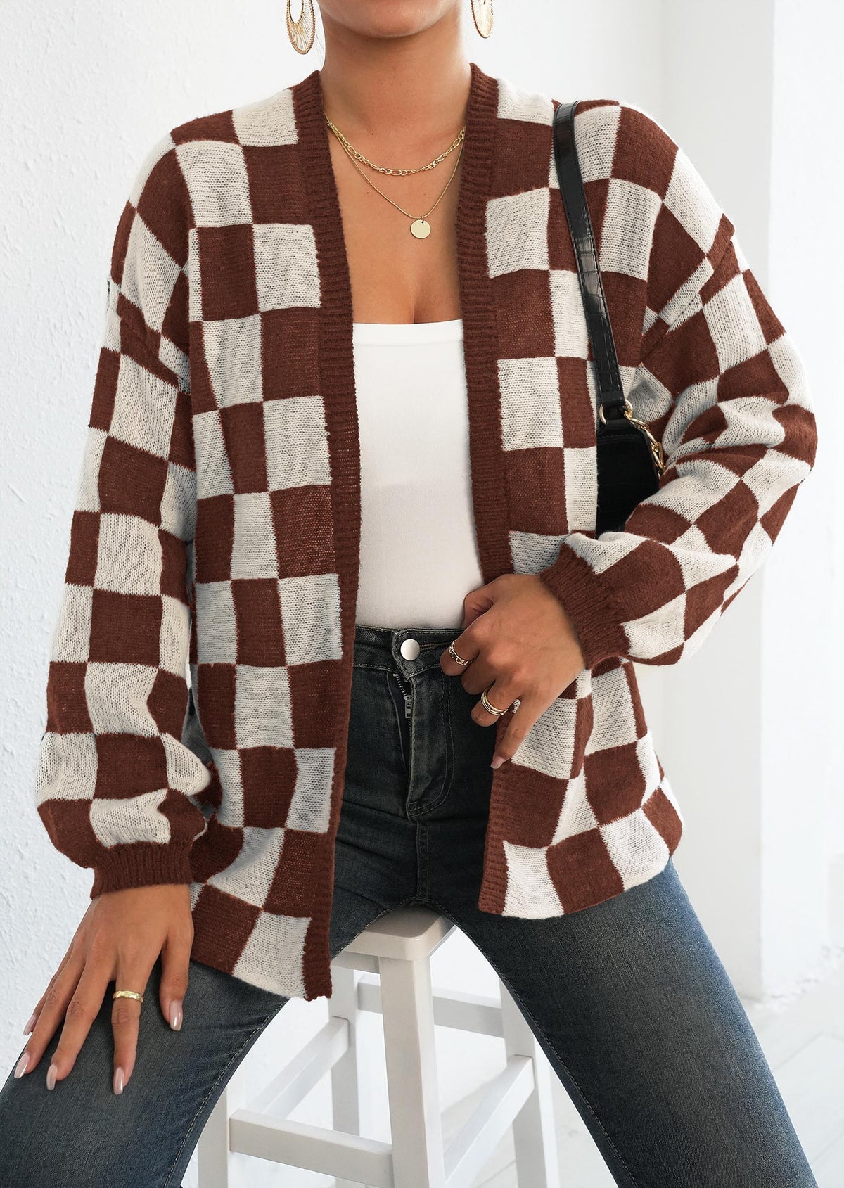 Women's Checkered Cardigan Color Block Knit Open Front