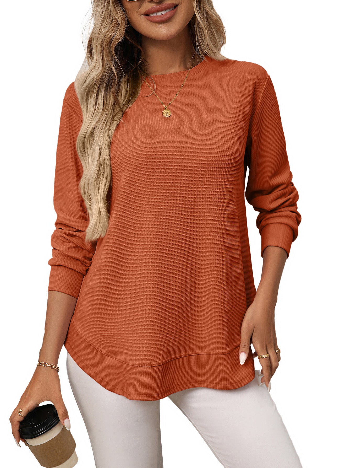 Waffle Knit Long Sleeve Top Relaxed Fit Casual Pullover