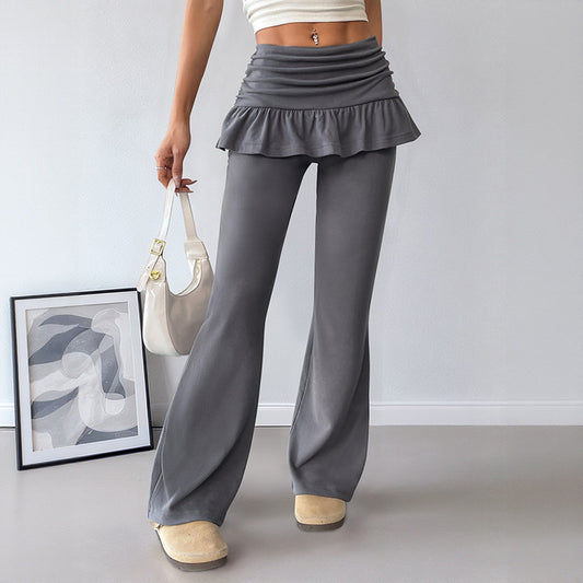 Solid Color Flare Pants with Skirt Overlay Casual Style
