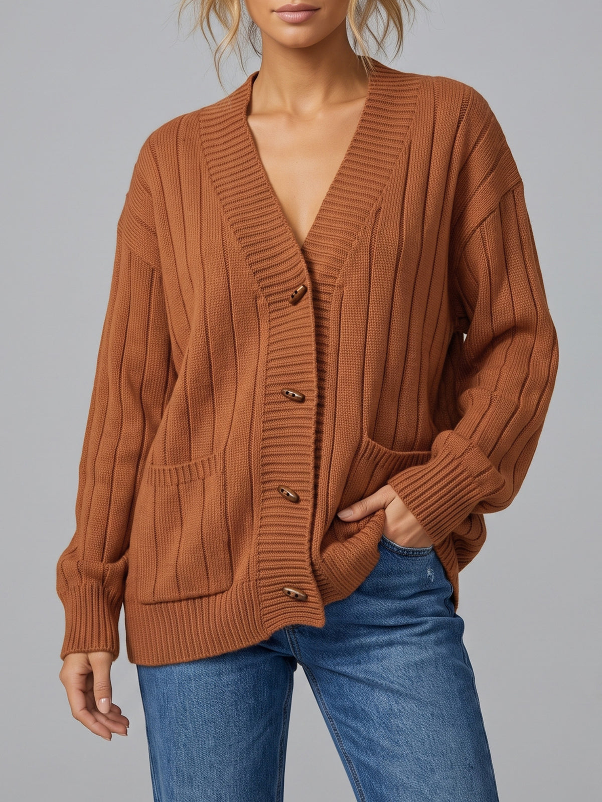 Women's Oversized Ribbed Cardigan Sweater Pockets