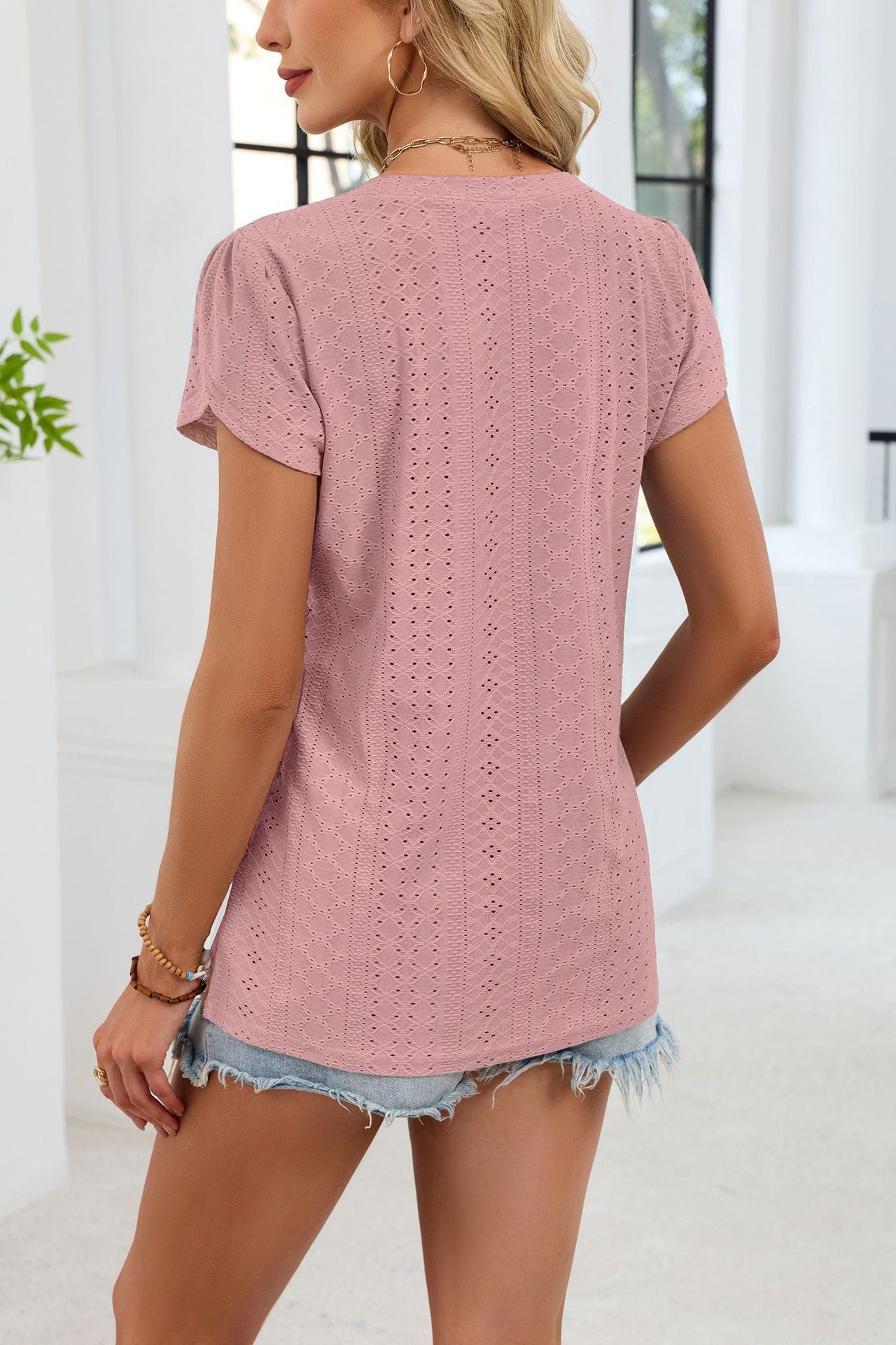 V Neck Eyelet Knit Top Flutter Sleeve Loose Tee