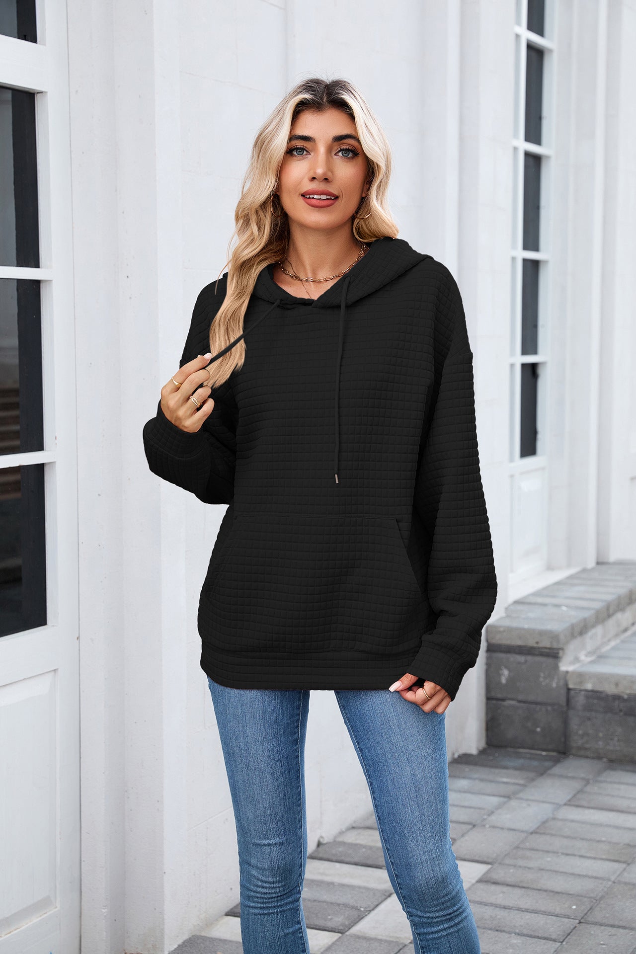 Waffle Knit Hoodie | Oversized Pullover with Kangaroo Pocket
