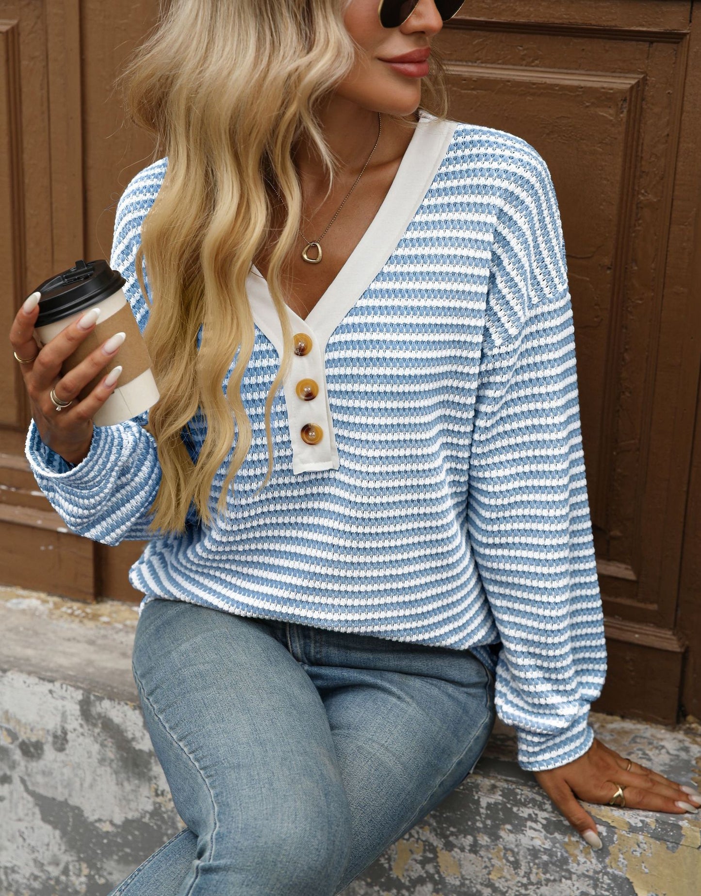 Striped Cotton Blend Top Casual Henley V Neck Tunic