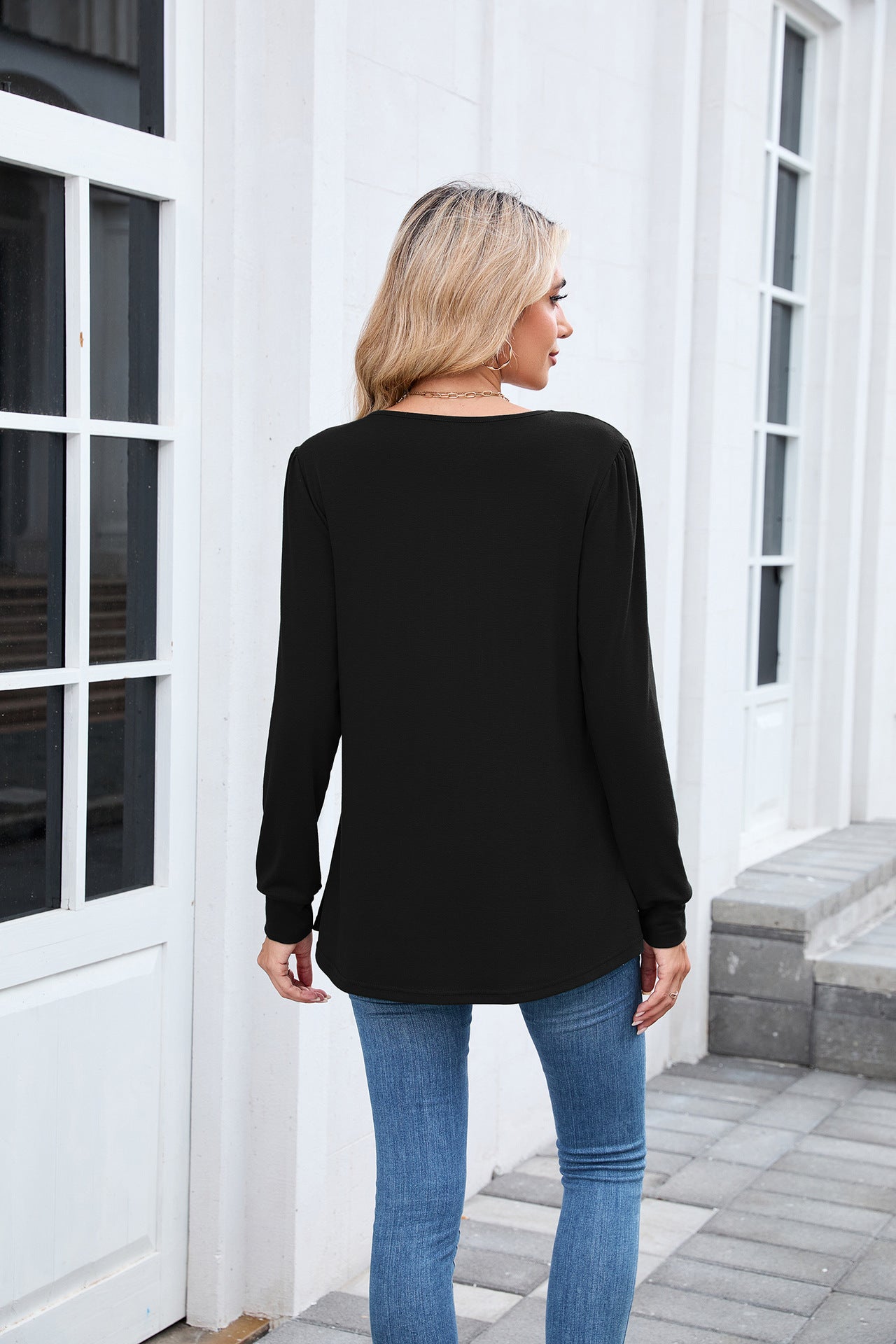 Pleated Front Long Sleeve Tunic Tee | Casual Crew Neck Top