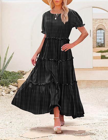 Floral Print Puff Sleeve Tiered Maxi Dress for Summer