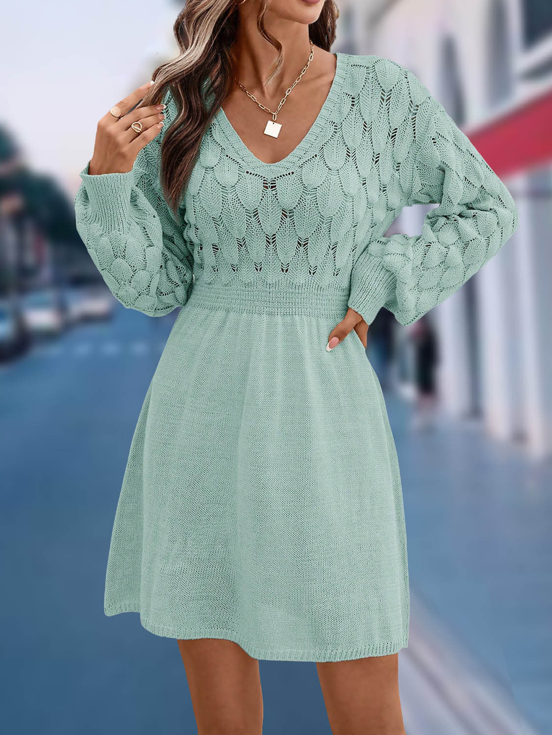 V Neck Textured Knit Sweater Dress Long Sleeve A Line