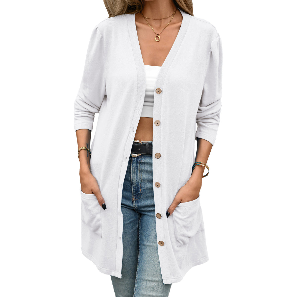 Women's V Neck Button Front Cardigan Long Sleeve Pockets