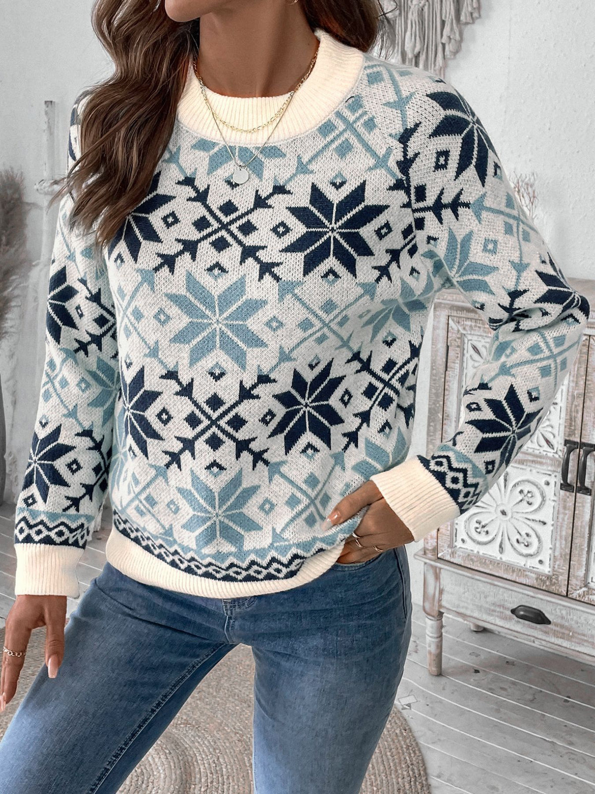 Fair Isle Snowflake Crew Neck Knit Sweater