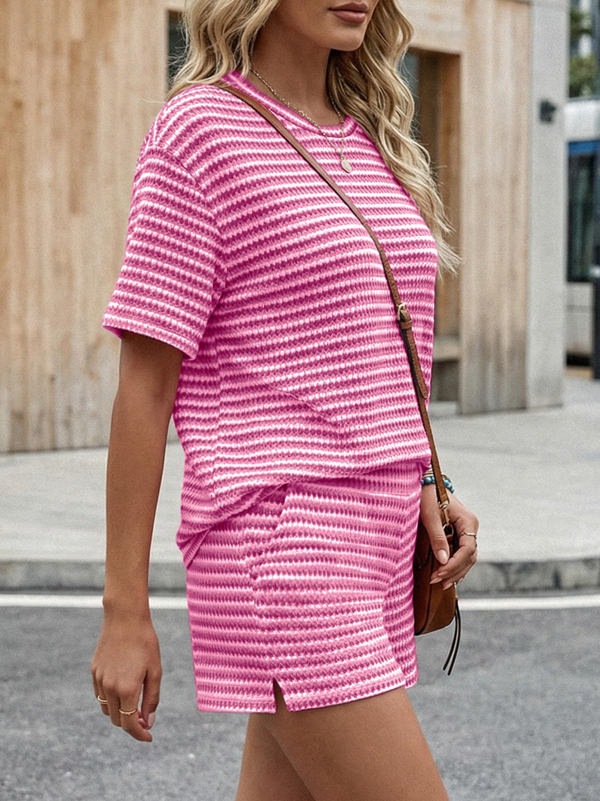 Striped Knit Shorts Set Boutique Ribbed Loungewear Fitted