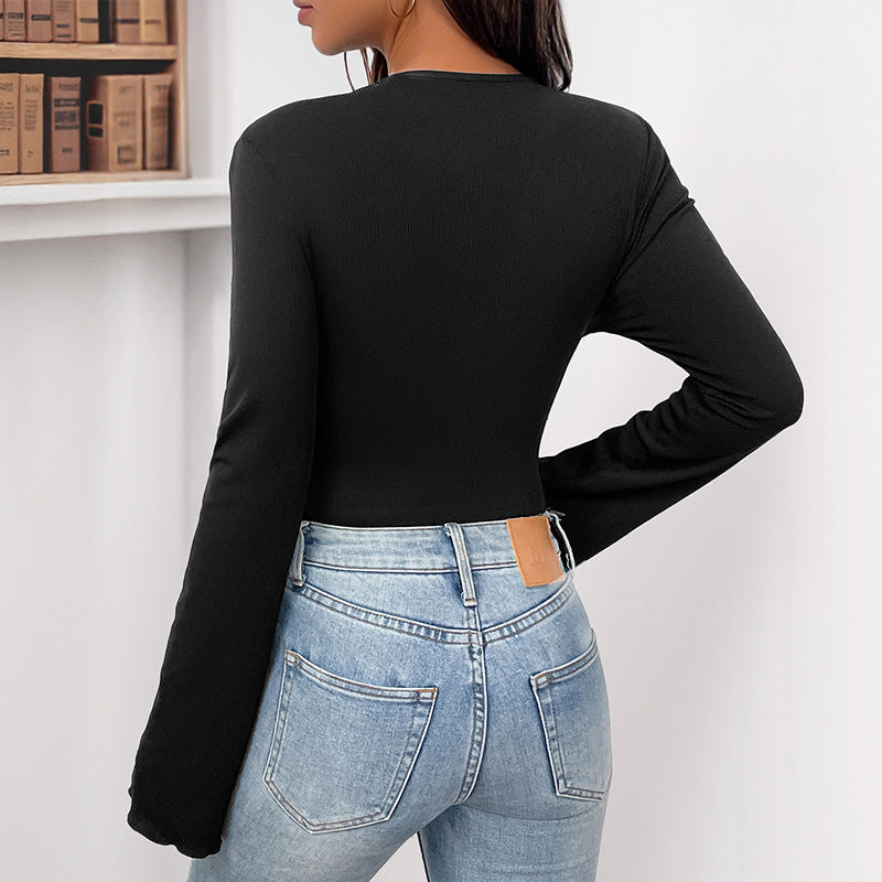 Sweet Chic Black Long Sleeve Bodysuit with 3D Flower Detail