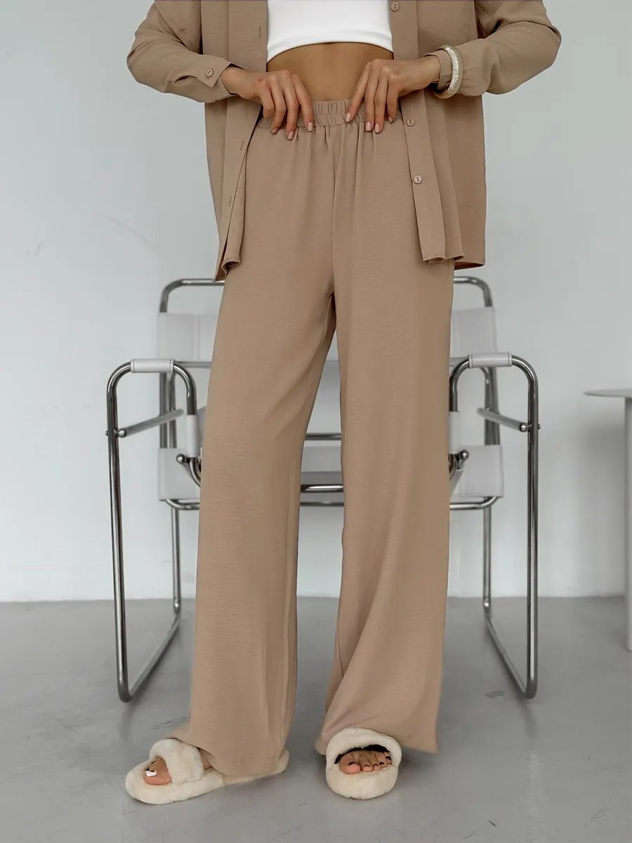 Two Piece Pants Set with Button-Down Shirt & Wide-Leg Pants