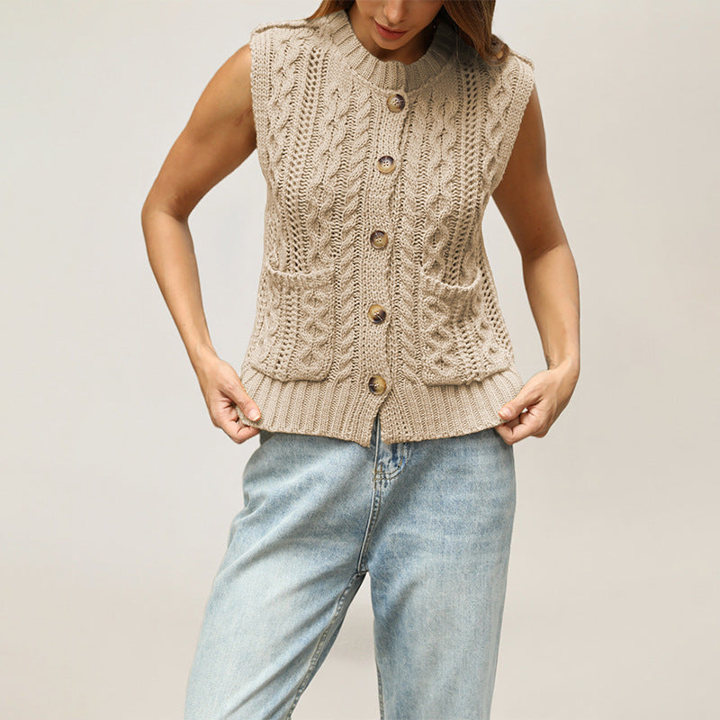 Pocket Knit Vest Sleeveless Cardigan Sweater Casual Layering
