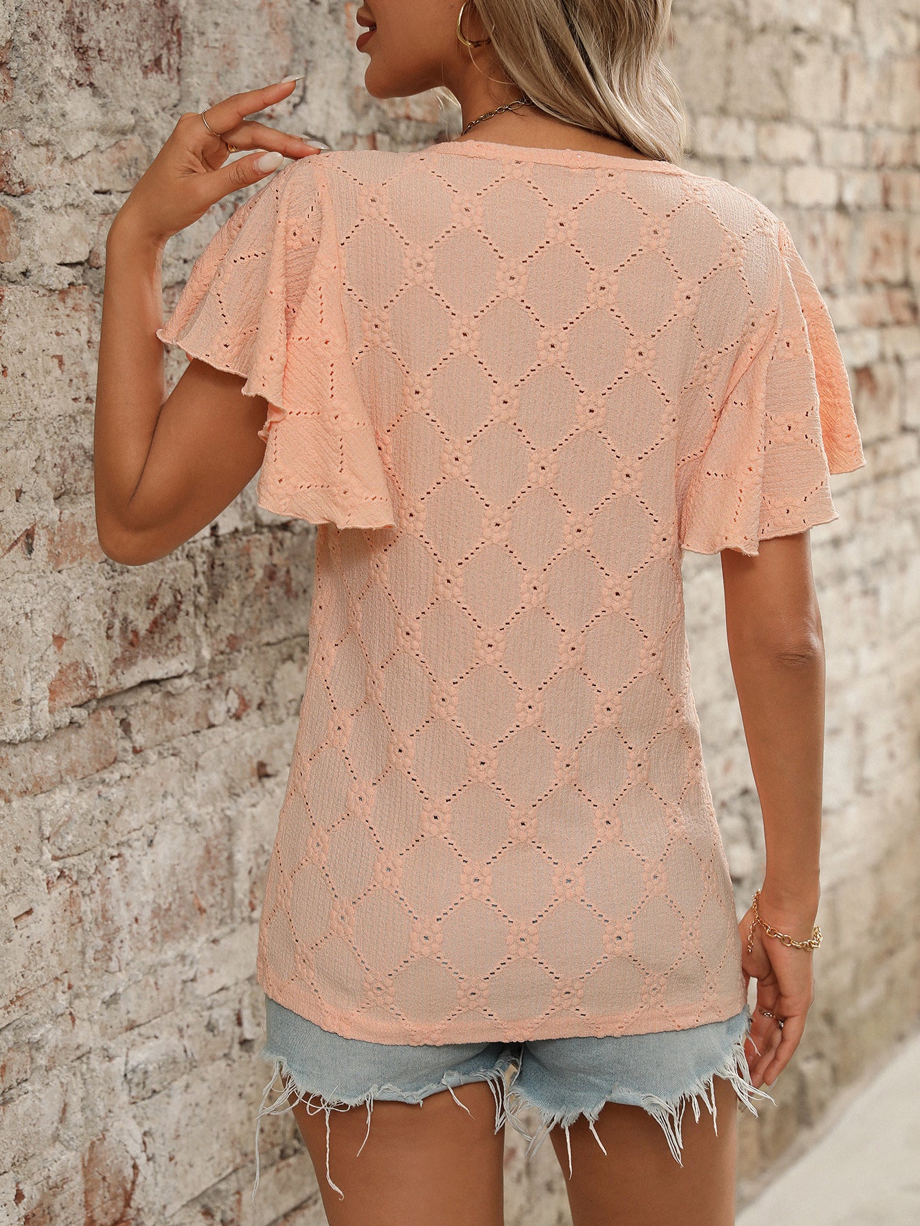Eyelet Ruffle Sleeve Floral Knit Casual Summer T Shirt