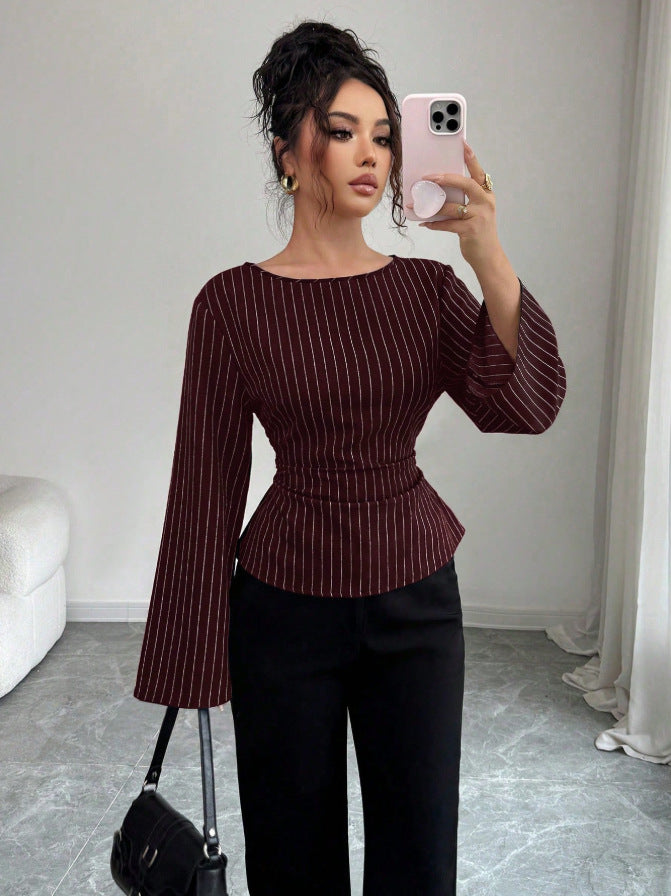Women's Striped Bell Sleeve Tie Waist Blouse