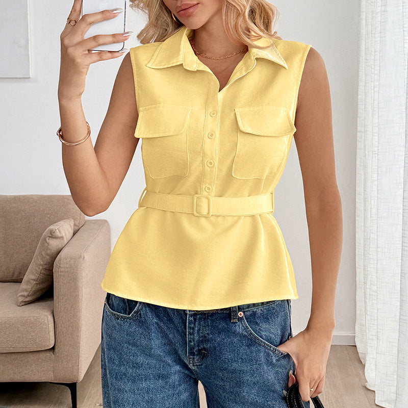 Yellow Sleeveless Belted Collared Button Up Shirt Top