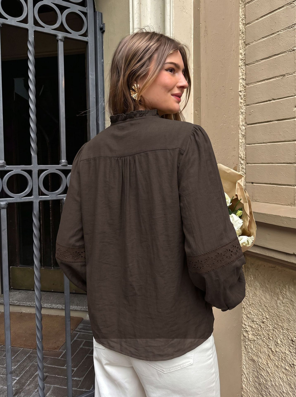 Ruffle Collar Eyelet Brown Blouse Button Front Loose Top