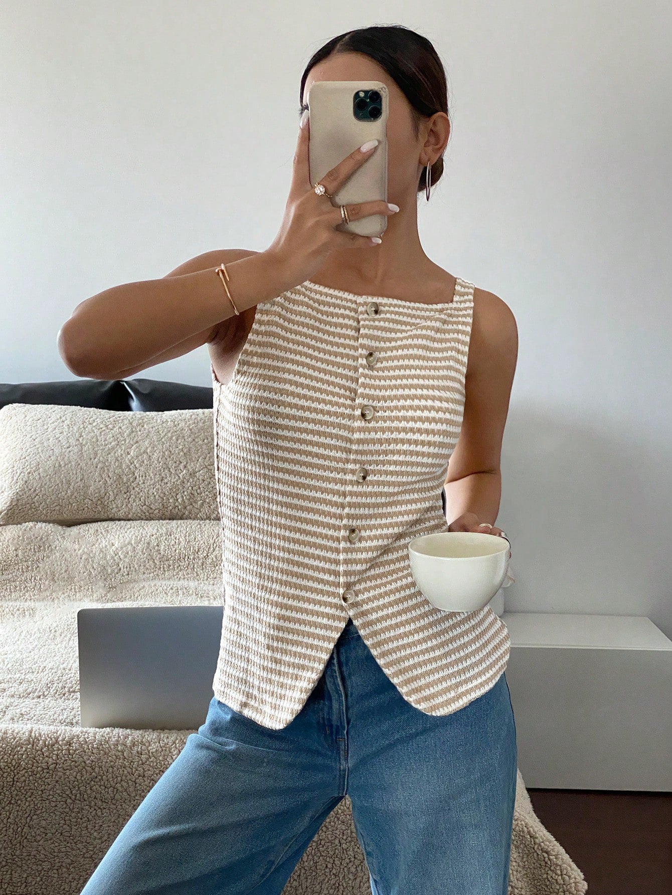 Striped Button Front Sleeveless Tank Top with Slit Hem